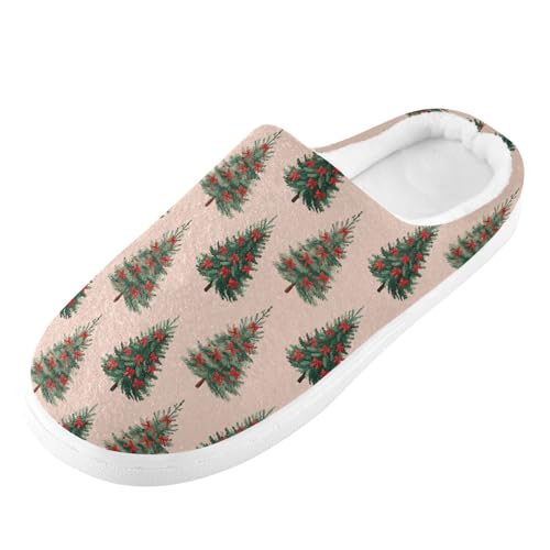 Fuzzy Memory Foam Slippers for Women/Men Red Bow Christmas Tree Pattern Fluffy Winter House Shoes Indoor and Outdoor