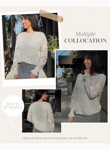 Image of Dokotoo Womens Crewneck Crochet Lace Long Sleeve Hollow Out Cable Knit Sweaters Pullover Tops