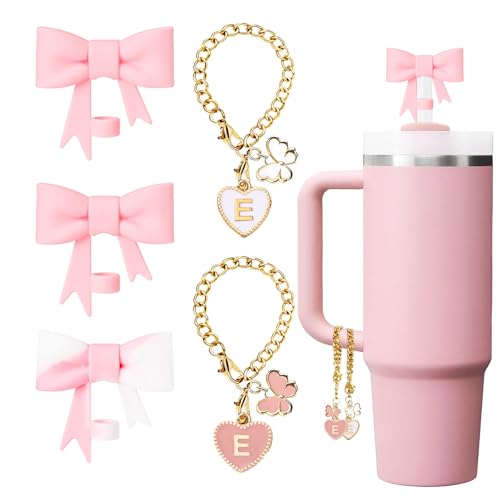 LUHOHI Pink Bow Stanley Straw Topper- 3pcs Cute Cup Bow Straw Cover Silicone Cap 10mm with 2pcs Initial Letter Charms Name Id Personalized Accessories for Stanley 40/30 Oz Tumbler Water Bottle Cups E