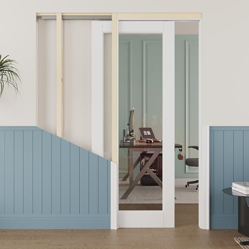 Image of 36 inch x 80 inch Clear Glass Pocket Door, Soft-Close Sliding Pocket Door with Frame & Hardware Kit Set, Primed All-Inclusive Interior Door Slab for Home, White, Need to Assemble