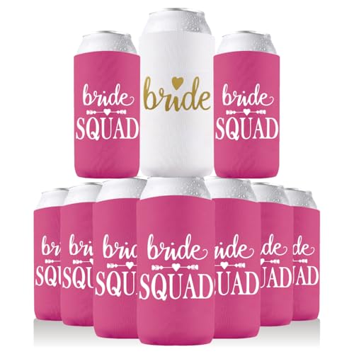 Image of PartyGifts&Beyond Bridesmaid Gifts Can Cooler 10Packs Bachelorette Party Decorations Slim Can Cooler Bride Squad Can Sleeves(Neon Pink)