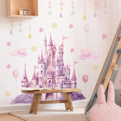 FUFUQUARE Fairy Castle Wall Stickers Dreamy Pink Balloon Star Peel and Stick Wall Decals Removable DIY Vinyl Decor for Baby Kids Bedroom Living Room