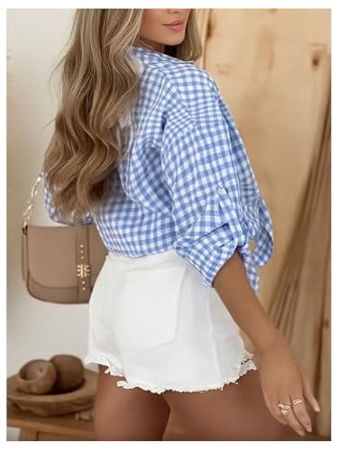 SweatyRocks Women's Roll Up Long Sleeve Button Down Gingham Plaid Shirts Top Casual Collared Blouses3