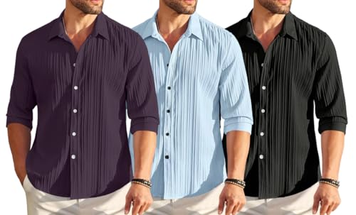 Image of FINIVO FASHION Combo of Men's Casual Cotton Plain Button Down Shirt Long Sleeve Textured Summer Beach Shirt for Men Pack of 3