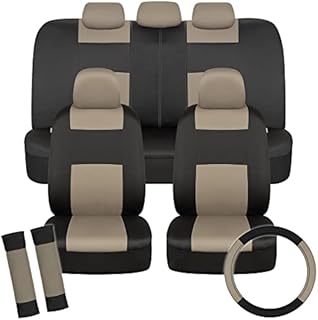 BDK PolyPro Car Seat Covers Full Set in Beige on Black with Steering Wheel Cover & Seat Belt Pads – Front and Rear Split Bench Car Seat Cover, Easy to Install, Interior Covers for Auto Truck Van SUV