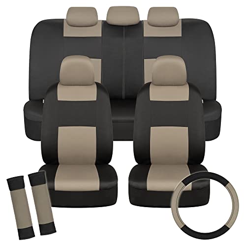 BDK PolyPro Car Seat Covers Full Set in Beige on Black with Steering Wheel Cover & Seat Belt Pads – Front and Rear Split Bench Car Seat Cover, Easy to Install, Interior Covers for Auto Truck Van SUV