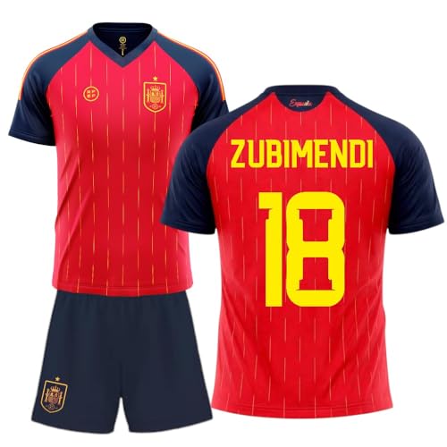 Stock Futbol camiseta selección española mundial 2026-2028 replica oficial | Kit niño camiseta y pantalón | Zubimendi 18 | Roja | Equipación fútbol infantil | Cómoda y transpirable (14 años)