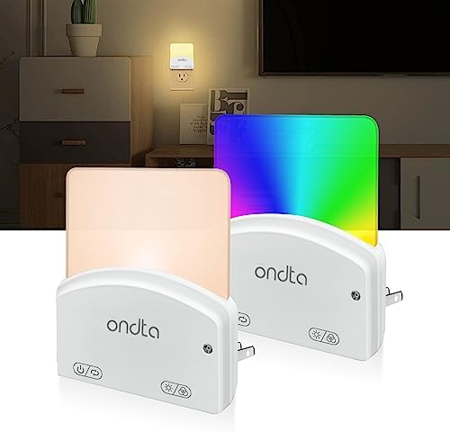 ONDTA Night Lights Plug Into Wall, (2 Pack) LED Night Light with Dusk to Dawn Sensor, Warm White & 8 Colors RGB Nightlight, Dimmable, Light for Kids Room, Bedroom, Bathroom, Hallway, Stairway