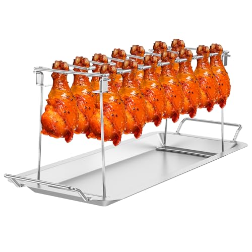 Chicken Leg Wing Rack 12 Slots Stainless Steel Chicken Drumstick Holder with Drip Tray Dishwasher Safe Chicken Drumstick Rack Non-Stick Great for BBQ Picnic Stainless Steel Grill for Smoker BBQ