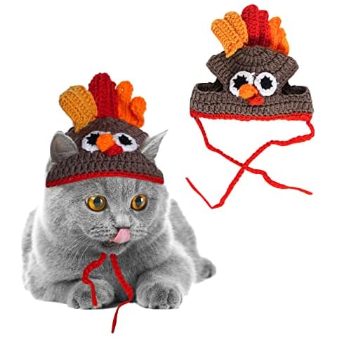 Cat Turkey Hat Pet Kitten Costume Knitted Cap Thanksgiving Halloween Party Crochet Hat for Small Dog Kittens Cover