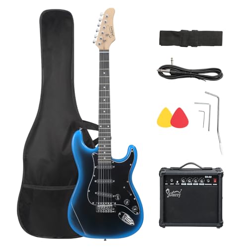 Image of GLARRY Full Size Electric Guitar for Music Lover Beginner with 20W Amp and Accessories Pack Guitar Bag (BLACK & BLUE, 39 inch Right Handed)