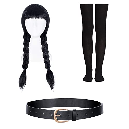 Wednesday Addams Dress Up Costume For Girls Birthday Halloween Cosplay Party With Wig Socks Belts 3T 4T (110Cm) #TOP2