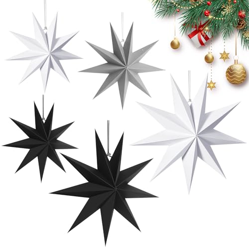 CZMAO 5 Estrellas de Papel para Decoración de Navidad 30 cm Linternas Papel Estrella Estrella Navidad Papel para Ventanas Adviento árbol de Navidad (2 Negro 2 Blanco 1 Gris)