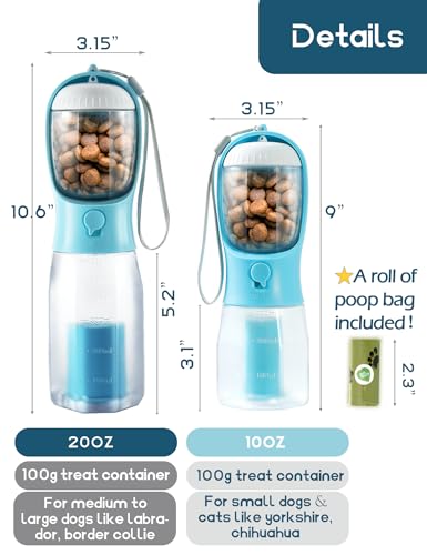 Image of Portable Water Bottle for Small Dogs, 3 in 1 Pet Travel Bowl Dispenser with Food Treat Container & Poop Bag Holder, Summer Hiking Walking Accessories for Puppy On The Go - Blue, 10oz
