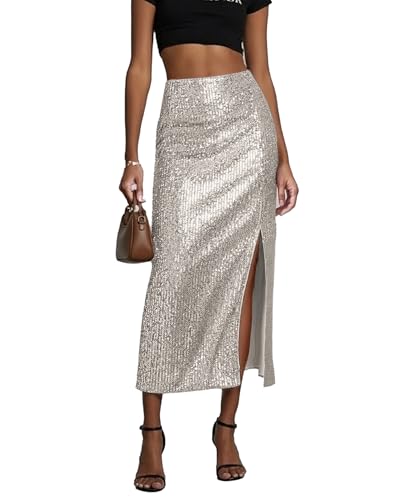 AuInHer Womens Sequin Midi Skirt Silver Sparkly High Waisted Bodycon Party Skirt with Front Slit and Back Elastic Waist