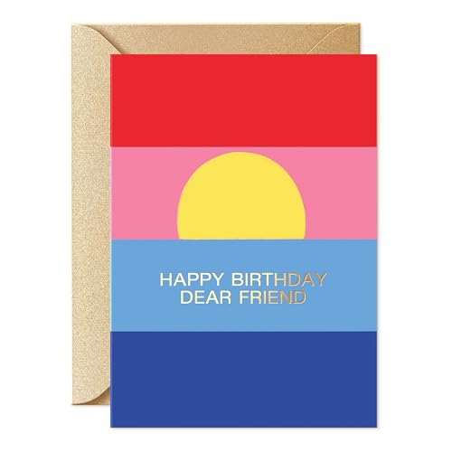 Sweetzer&Orange Happy Birthday Card for Friend – Gold Foil Birthday Greeting Card with Kraft Envelope & Sticker – For Best Friend, Men or Women – Thick Cardstock, Sunset Design