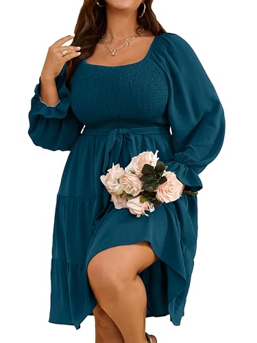 RWJ Womens Plus Size Fall Dress Long Sleeve Smocked Square Neck A-Line Wedding Guest Party Mini Dresses with Belt