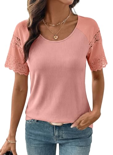 Image of EVALESS Womens Summer Tops Dressy Casual Spring Ribbed Texture Embroidery Short Sleeve Crewneck T Shirts