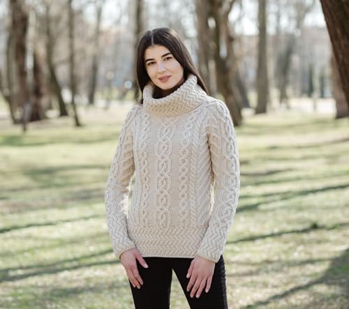 Image of SAOL Aran Irish Sweater for Women - Made of 100% Merino Wool - Ireland Fisherman Cable Knit Ladies Pullover