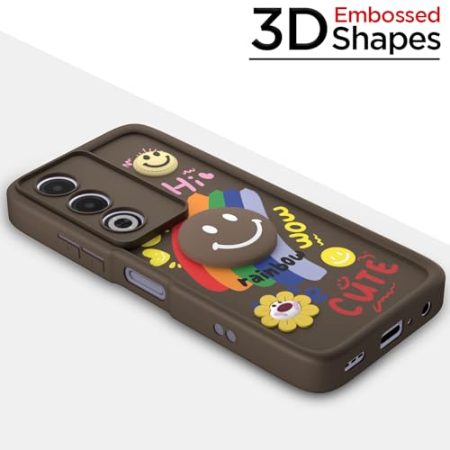 Image of Pikkme Back Cover for Oppo A3 Pro 5G | Soft Silicone| Cute Rainbow Smile & 3D Cartoon Flower Design | Shockproof Raised Camera Protection Bumper Case (Brown)