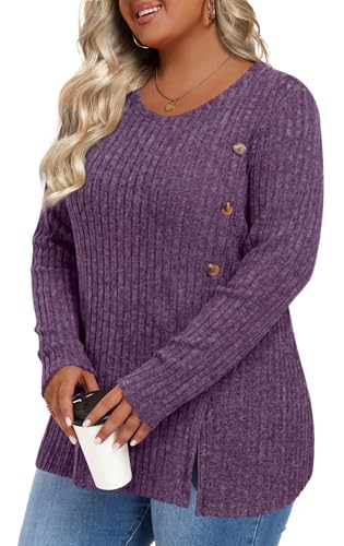 Image of HOTGIFT Womens Plus Size Sweater Tops Long Sleeve Crewneck Casual Tunic Shirts Buttons XL-5XL Blouse Soft Comfy Fashion