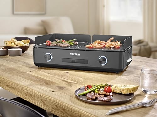 SEVERIN Plancha réglable jusqu'à 240°C, 2 200 W, Plaque de cuisson au revêtement céramique pour viandes, poissons & légumes, Gril électrique avec bac récupérateur de graisse amovible, Noir, PG 8569