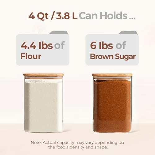 Image of ComSaf 4 Qt Glass Food Storage Containers Set of 2, Large Storage Containers with Lids, Square Glass Jars with Lids, for Flour and Sugar, Cereal, Rice, Pasta, Oats, Coffee Beans