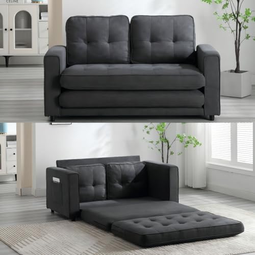 PIETFIU Folding Futon Sofa,Floor Sleeper Couch with Pullout Bed,Velvet Pull Out Sleeper Love Seat Bed with Side Pocket for Adults Living Room Bedroom Small Space (Black)