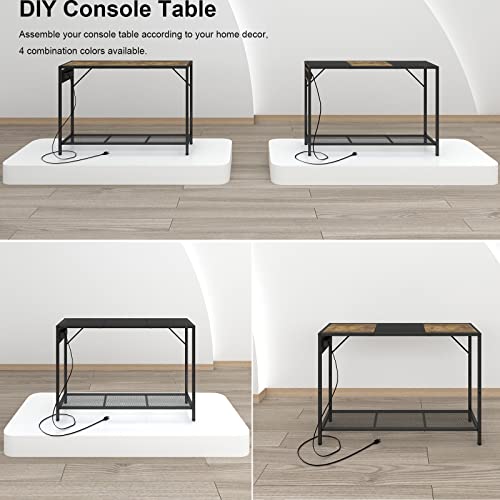 Laatooree 41.7" Console Table With Power Outlet, Two-Color Diy Entryway Table, Industrial Narrow Sofa Table With Metal Mesh Shelf For Hallway, Foyer, Living Room, Corridor #TOP4