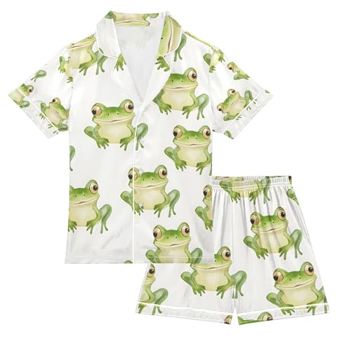 senya Frog Watercolor White Satin Summer Pajama Sets Silk Short Sleeve Button Down Sleepwear