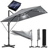 KESSER® Sonnenschirm LED Solar Ampelschirm SUN XL 300 x 300 cm Inkl. Abdeckung +Windsicherung Drehbar Neigbar Kippbar Marktschirm Groß 360° Rotation, Gartenschirm mit Kurbel Sonnenschutz, Anthrazit