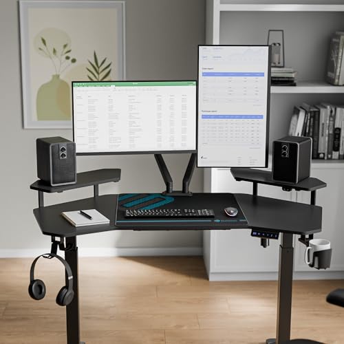 Image of EUREKA ERGONOMIC Aero 55 Inch W Shaped Electric Standing Desk, Height Adjustable Computer Gaming Desk with LED Monitor Shelf, Mouse Pad, Headphone Hook, Cup Holder, Carbon Black