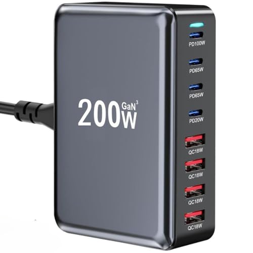 Image of TECHBLAZE 200W GaN 3 Super Fast Charger Adapter, 8-Port (4 USB A+ 4 Type- C) with PD Technology, Universal charger for iPhone, Android, MacBook, Type-C Laptops, Compact Multi-Device Charging Solution.