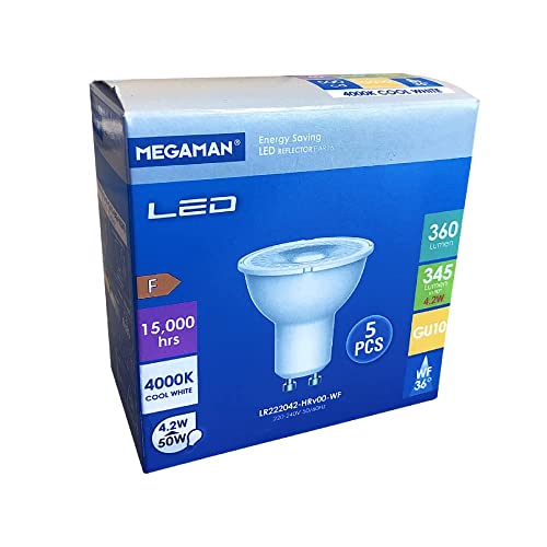 Megaman Pack of 5 x LED GU10 Bulbs 4.2W 36 Degree 4000K Cool White 710391E