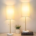 JUNNAI Bedside Table Lamp with Marble Base: Pull Chain Switch 3-Way Dimmable | Linen Fabric Shade & Golden Pole Small Nightstand Lamps 18.5 Inches for Bedrooms, Office, Dinning Room, Set of 2
