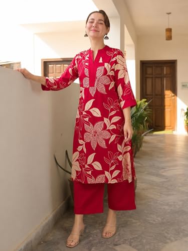 Image of GoSriKi Co Ord Set for Women Viscose Printed | Kurti Set for Woman | Straight Kurta Palazzo Co Ord Set | 2 Piece Set Women | 3 /4 Sleeve V-Neck Suit Set Stylish Ethnic Outfit Clothing