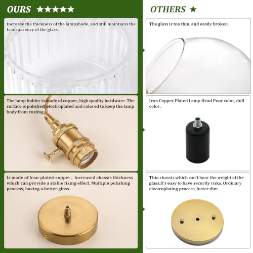 Image of Shenmoyl Pendant Light 2 Pack with Clear Striped Glass Lmapshade, Brass Vintage Pendant Light Adjustable Hanging Light for Kitchen Island Dining Room Hallway