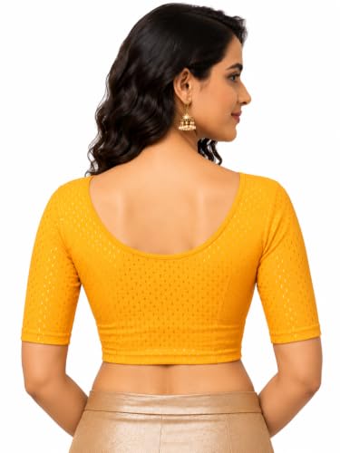 Image of Fressia Fabrics Pure Cotton 4-Way Stretch Readymade Blouse for Women | Free Size to 4XL Stretchable Round Neck Dobby Cotton Half Sleeve Readymade Saree Blouse for Women Stylish