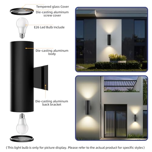 Image of JAYMP 11.8 inch Up and Down Wall Sconce Aluminum Modern Outdoor Light, Black Round IP65 Waterproof Exterior Wall Lamp for Front Door Patio Porch Staircase Hallway