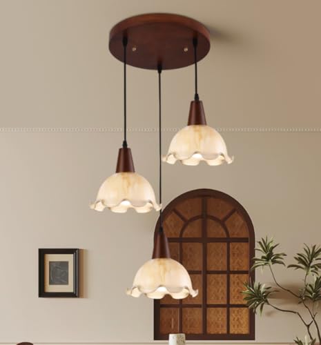 Suspension ronde 3 lampes en bois de noyer et verre opale au design ondulé