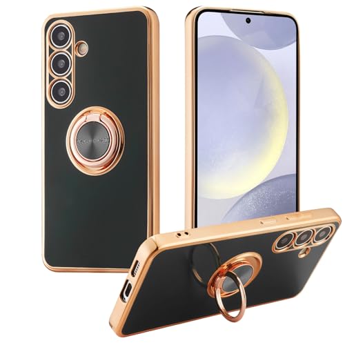 Coque antichoc pour Samsung S24 noir et or rose avec béquille magnétique chic