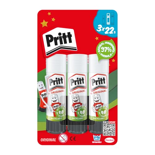 Pritt Glue Stick Safe and Child-Friendly Craft Glue for Arts and Crafts Activities Strong-Hold adhesive for School and Office Supplies 22 g (Pack of 3)