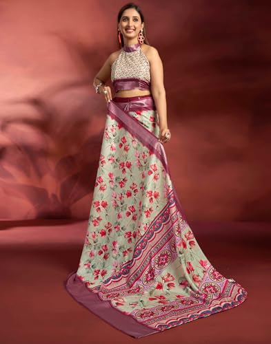 Image of SIRIL Women's Dola Silk Printed Jacquard Border Ready To Wear Saree with Unstitched Blouse Piece