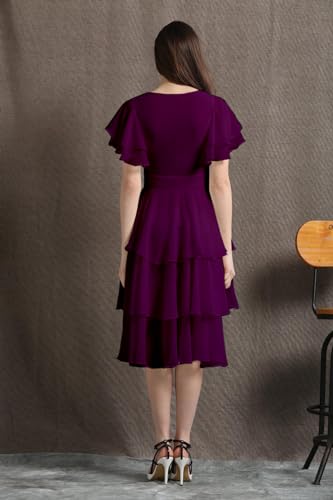 Image of Women Layered Georgette Fit & Flare Midi Dress | Round Neck Flutter Sleeve Knee Length Dress | Tiered Party Dress for Women Evening and Casual Styling