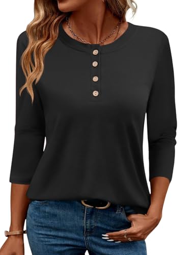 LOMON 3/4 Length Sleeve Womens Tops Crewneck Tunic Shirts BlackXXL