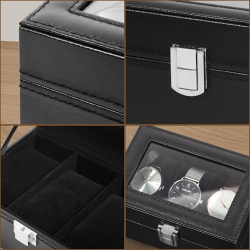Image of Uten 3-Slot Watch Box, PU Leather Watch Case with Glass Lid, Watch Holder Organizer with Soft Pillow and Velvet Lining, Watch and Jewelry Storage Box, Black
