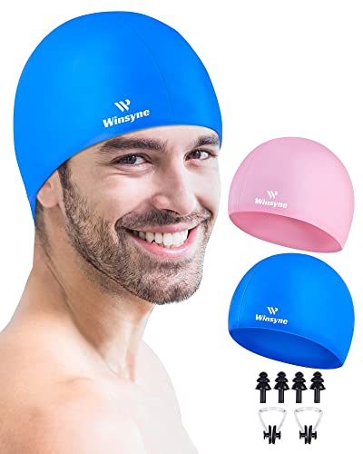 2 Pack Silicone Swim Cap For Men Women, Unisex Adult Swimming Caps For Short/Long Hair To Keep Hair Dry, Waterproof Bathing Caps For Swimming With Ear Plugs & Nose Clip Set(Pink&Blue) #TOP4