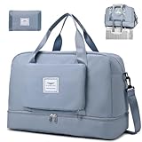 FIORETTO Womens Foldable Weekend Bag Overnight Hospital Bag with Shoes Compartment & Wet Pocket, Water Resistant Gym Bag Duffle Bag Travel Bag Holdall for Women Men Blue - Image 1