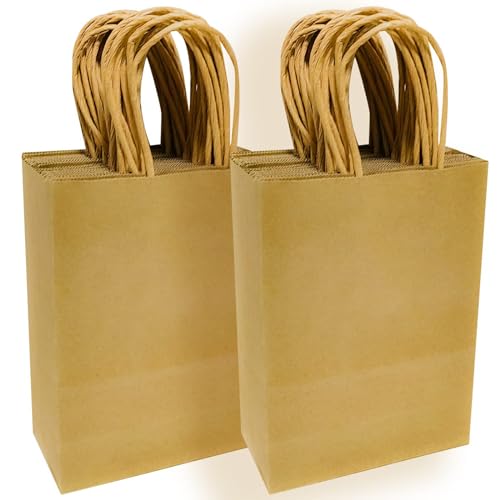 qiqee 100-Packs Brown Paper Gift Bags with Handles Bulk 8.26"×6"×3.15" Small Size Gift Bags Multiple Uses