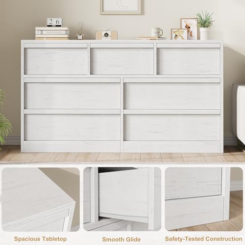 GarveeHome 7 Drawer Dresser for Bedroom, Antique White 7 Chest of Drawers with Large Storage Space, Wooden Dresser Organizer for Living Room, Nursery, Entryway